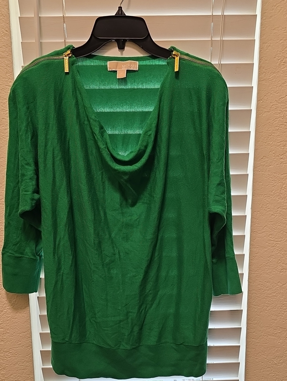 MICHAEL Michael Kors Emerald Green Cowl Neck Sweater with Gold Zip Accents